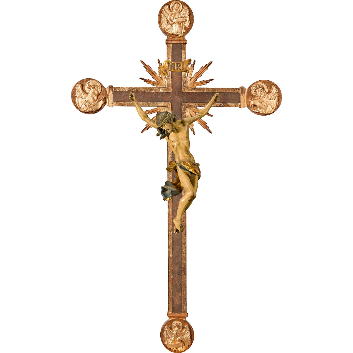 Cristo Barroco en cruz con Evangelistas y rayos